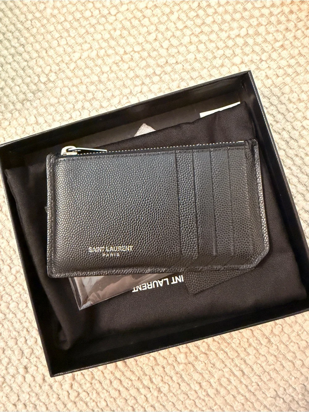Saint Laurent Black Pebbled Leather Zip Card Case with Gold Logo